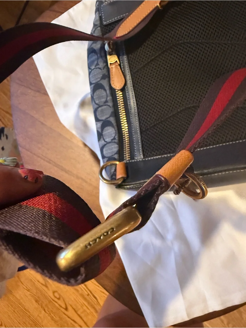 Coach Navy Signature Canvas and Leather Crossbody with Red-Trim Strap